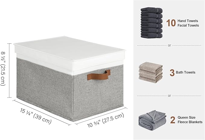StorageWorks Fabric Storage Bins with Lids, Decorative Storage Bins with PU Handles, Foldable Storage Baskets for Closet, Shelves, Stackable and Sturdy Organization, Gray and White, Large, 3-Pack