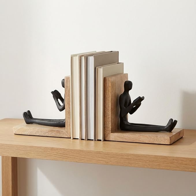 Sagebrook Home Set of 2 Decorative Bookends - Metal & Wood Reader Figurine - Boho Style Bookshelf Decor for Home & Office - 6" Brown & Black
