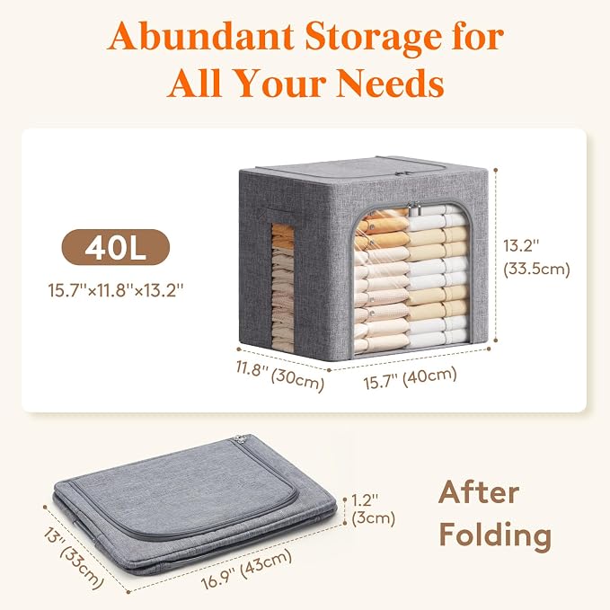 Lifewit Clothes Storage Bins with Metal Frame, Stackable Storage Box, Foldable Clothing Storage Bins with Lids, 40L Storage Bags Fabric Box Organizer with Clear Window＆ Zippers＆ Sturdy Handles 6 Pack