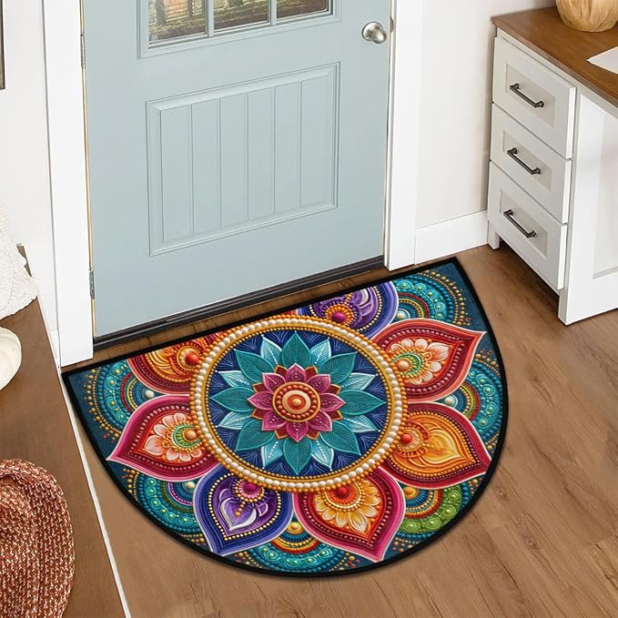 Flower Half Round Door Mat Semi Circle Rug Half Moon Doormat | Soft Washable Colorful Geometric Welcome Entrance Mat for Outdoor Indoor Floor Bedroom Bathroom Home Kitchen Festival Decor