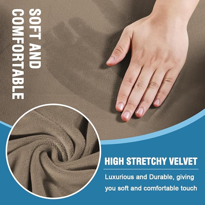 Sofa Cover 4 Piece T Cushion Sofa Slipcovers Thick Velvet Couch Cover Furniture Protector Stretch Sofa Covers for 3 Cushion Couch with 3 Individual T Cushion Covers Washable, Camel