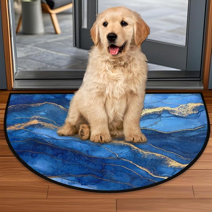 Blue Marble Half Round Door Mat Semi Moon Rug Fireplace Carpet Area Rugs | Blue Marble Non Slip Absorbent Half Circle Mat Carpet for Indoor Outdoor Patio Kitchen Bathroom Entryway Home Decor