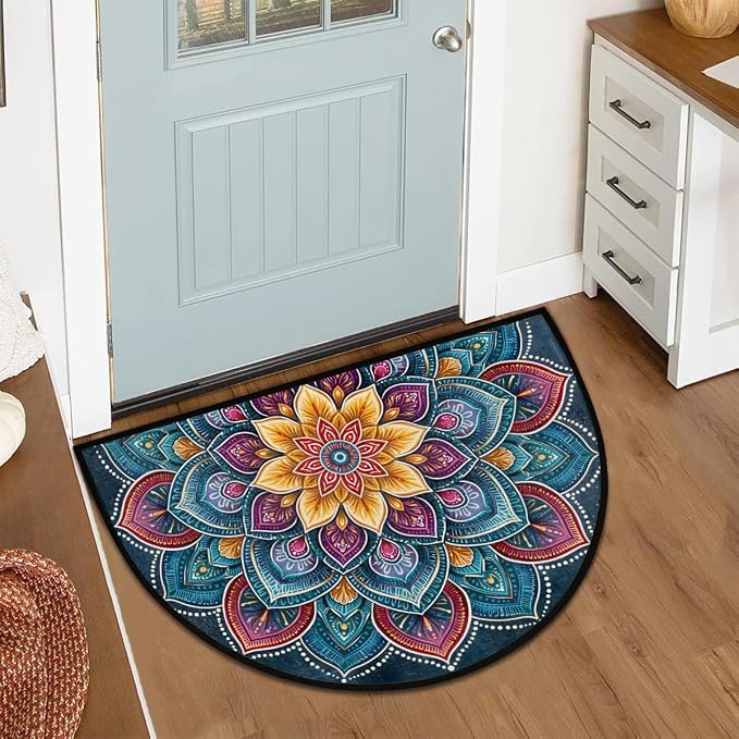 Mandala Half Round Door Mat Semi Circle Rug Half Moon Doormat | Soft Washable Bohemian Floral Welcome Entrance Mat for Outdoor Indoor Floor Bedroom Bathroom Home Kitchen Festival Decor