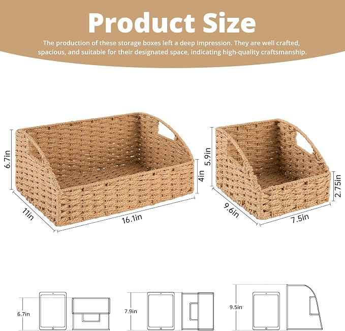 OIAHOMY Pantry Baskets for Organizing, Paper Rope Baskets with Built-in Handles, Wicker Storage Baskets for Shelves, 3 Pack-Yellow