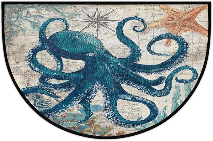 Map Half Round Rug Half Moon Door Mat Half Circle Rugs | Octopus Retro Washable Non-Slip Semi Circle Rug Welcome Half Round Door Mat Indoor Entrance Bedroom Living Room Decor B604