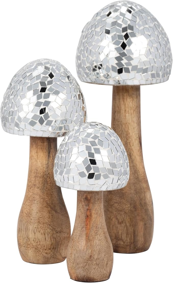 Mango Wood Mushroom Figurine Sculpture – Room Decor Accent for Shelf, Console, or Desk Placement, Boho Home Decor Mosaic Design Detail – 8", Silver and Natural Wood Finish