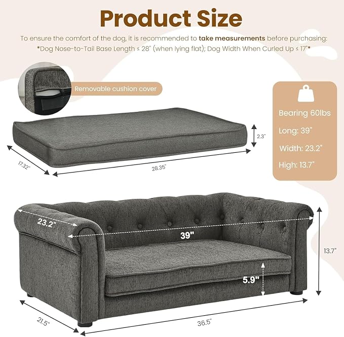Dog Sofa Couch for Small to Medium Dogs, Memory Foam Dog Couch with Washable Fabric, Removable Cushion, Sofa Bed for Medium Dogs, Dark Gray