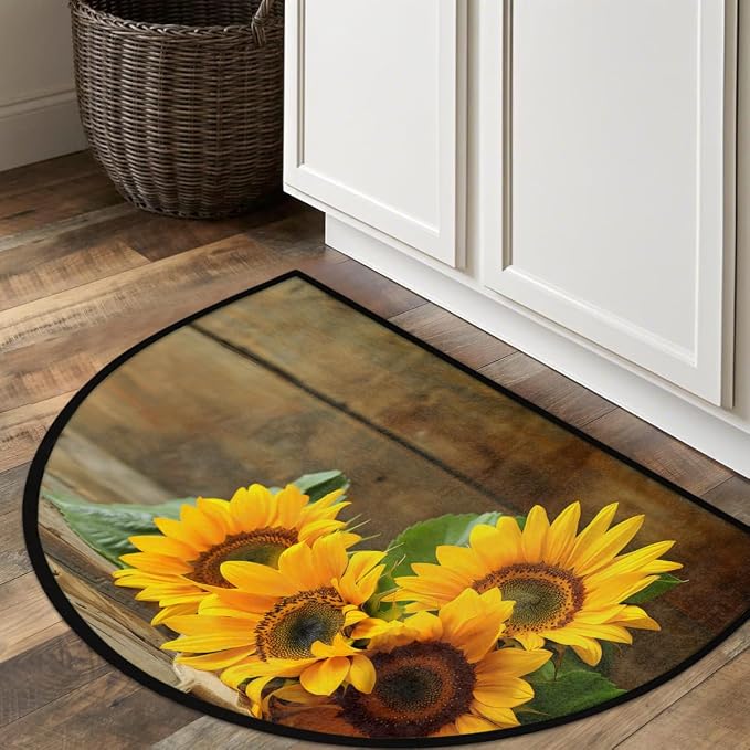 cfpolar Half Round Door Mat Wood Sunflower Flower Floral Non-Slip Semi Circle Area Rug Washable Half Moon Hearth Rugs for Indoor Outdoor Bathroom Kitchen Patio Runner Mat Laundry Room Home Decoration