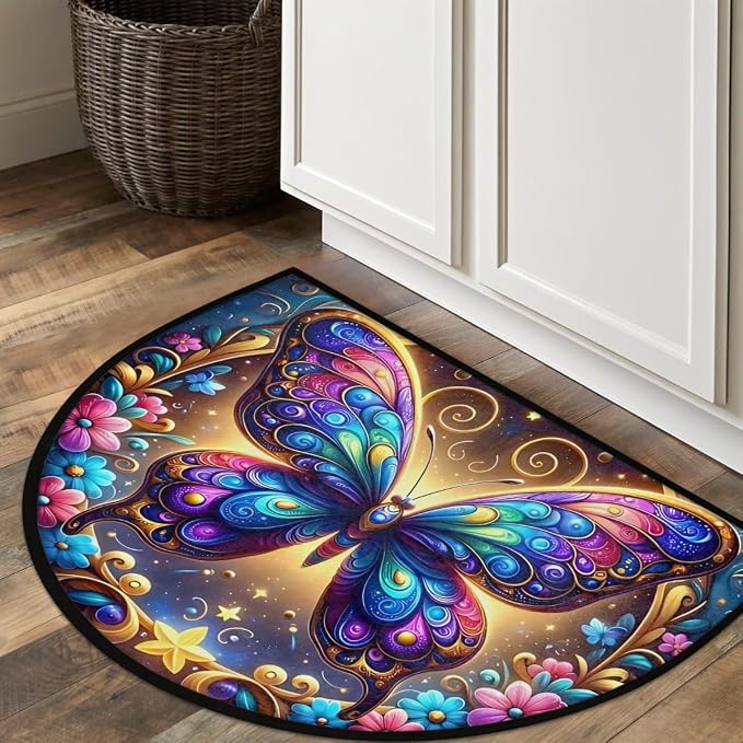 Butterfly Half Round Door Mat Non Slip Half Circle Rugs | Art Rainbow Washable Half Moon Rug Semi Circle Rugs Indoor Entrance Floor Carpet for Kithen Bedroom Fireplace Decor