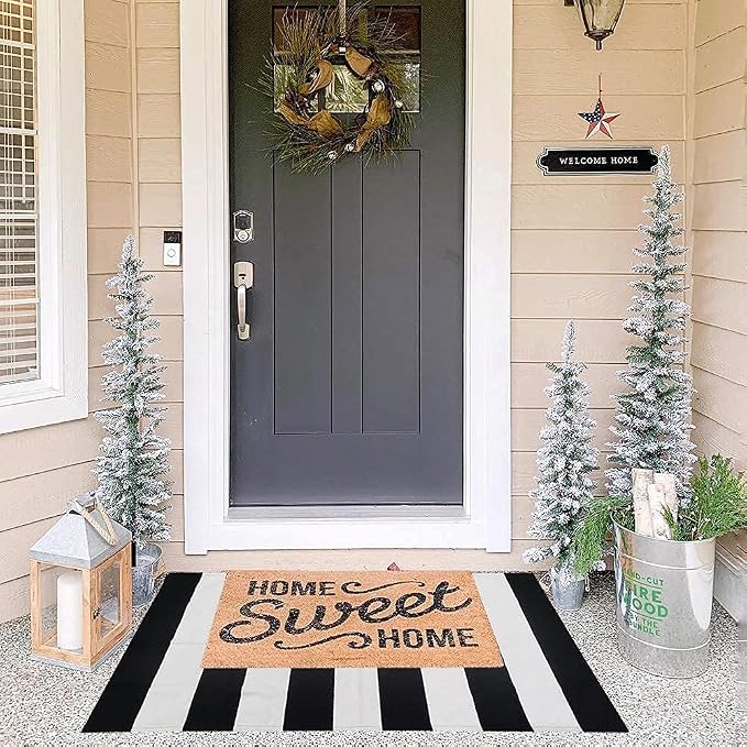 CAINANEL Black and White Striped Outdoor Rug 27.5X 43 inches Front Door Mat Hand-Woven Cotton Indoor/Outdoor for Layered Mats,Welcome Mat, Porch,Farmhouse,Kitchen,Entry Way