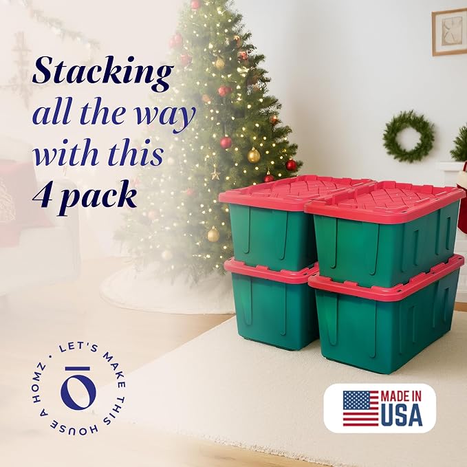 HOMZ Durabilt Plastic Storage Bins with Lids, 27 Gal, Red/Green, 4 Pack | Heavy-Duty Large Stackable Container Seasonal Boxes for Home, Attic, and Garage Organization