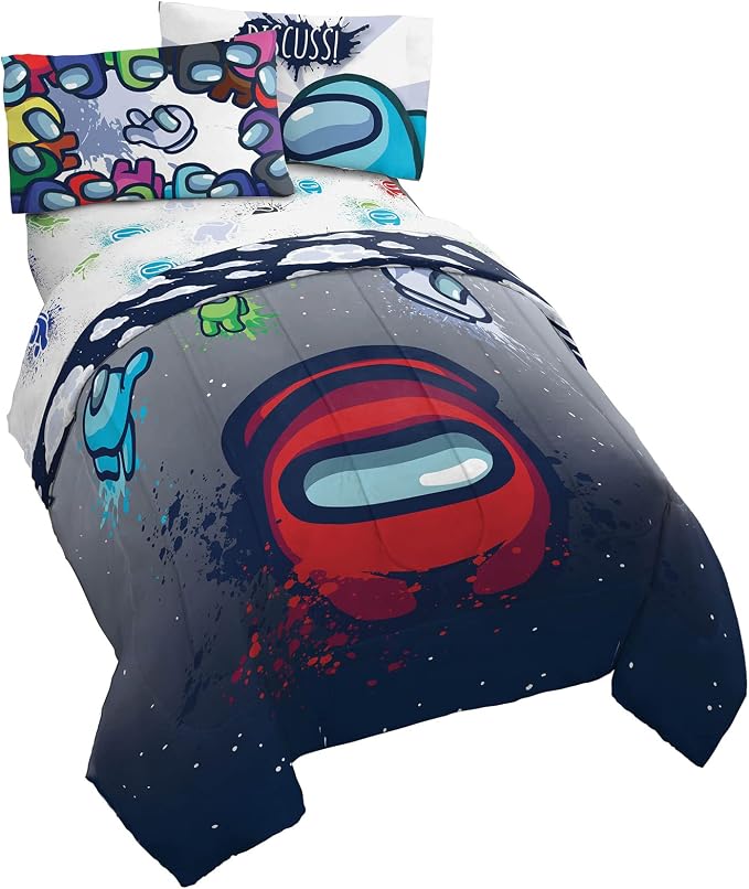 Among Us Full Size Comforter Set 5 Piece Kids Video Game Bedding, Multi | Bed in a Bag, Comforter Sheets Pillowcases, Official Product, Soft Microfiber, Machine Washable, Easy Care, Kids Gift