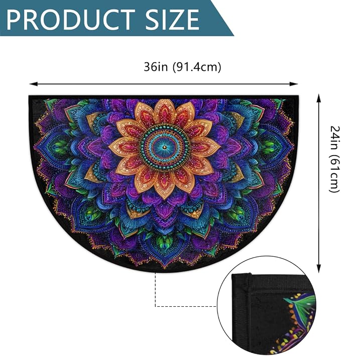 Boho Bohemia Ethnic Half Round Door Mat Non-Slip Semi Circle Rug Washable Half Moon Floor Rug Absorbent Bathroom Area Rugs for Outdoor Indoor Fireplace Mat Entryway Kitchen Decor Rugs