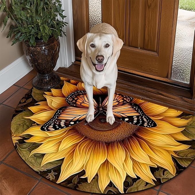 Fchen art Bright Sunflower Butterfly Half Round Door Mat – Non Slip Washable Semi Circle Area Rug, Summer Floral Indoor/Outdoor Entrance Doormat for Entryway Kitchen Bathroom, 32x47 Inches