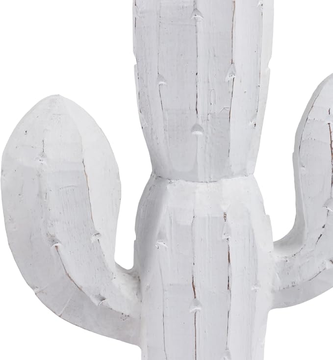 Wooden Cactus Statue – Room Decor Accent for Shelves and Tables, Indoor Home Decor for Living Room or Entryway, Modern Statue Silhouette for Sculptural Interest – 14", White