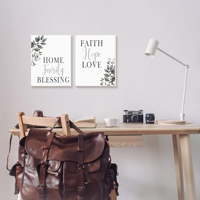 'Faith Hope Family Phrases Soft Black Florals'| 2pc Wall Plaque Art Set | Stupell Industries | 10 x 15 Inches, Easy to Hang and Sturdy, Made in USA, by Kim Allen