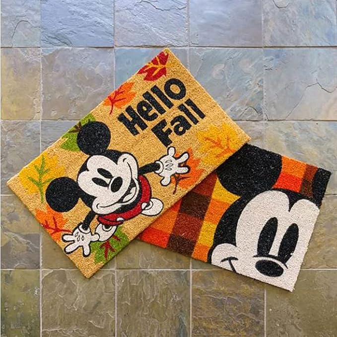 Gertmenian Disney Mickey Mouse Coir Doormat - 2x3 Welcome Mat (2-Pack), Ideal for High Traffic Areas in Front Door, Garage, Entryway - Mickey Hello Fall/Plaid, 46643