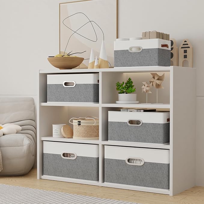 Yawinhe Fabric Storage Baskets,13.0x9.1x7.9in,White/Grey,6-Pack | Foldable Storage Bins for Shelves, Closet Bins for Organization, Collapsible Storage Baskets for Towels, Rectangle Basket