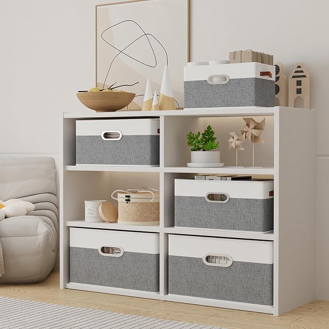 Yawinhe Collapsible Fabric Storage Bins,15.0x9.8x8.3in,White/Grey,6-Pack | Foldable Storage Baskets for Shelves, Closet Boxes for Organization, Washable Closet Organizer for Towels, Canvas Bins