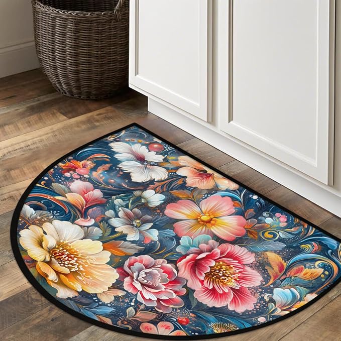 Spring Flowers Half Round Rug Half Moon Door Mat Half Circle Rugs | Rainbow Art Washable Non-Slip Semi Circle Rug Welcome Half Round Door Mat Indoor Entrance Kitchen Bedroom Living Room Decor