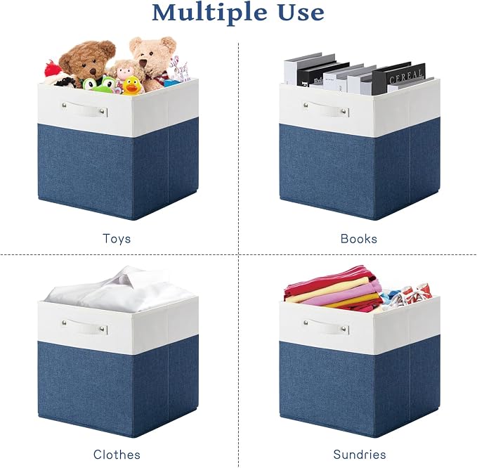 FinishingBo 13x13x13 Storage Cube Bins 6 Pack, Cube Shelf Baskets | Foldable Storage Cubes, Linen Storage Bins with Handles, Closet Organizers, White/Blue
