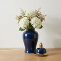Ceramic Temple Jar with Lid for Living Room Decor - Contemporary Flower Vase for Bedroom, Home Styling, and Kitchen Counter - Sculpted House Accent for Office and Table Decor - 18", Blue & Gold