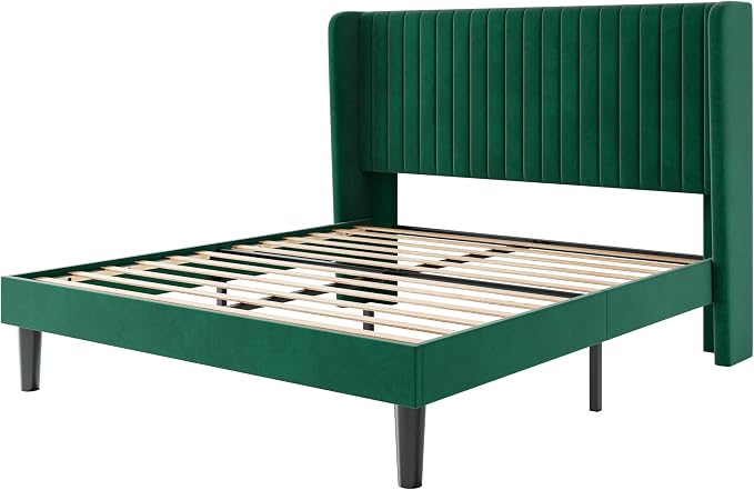 SHA CERLIN Queen Size Velvet Bed Frame, Tufted Wingback Headboard, Green | 47'' Modern Vertical Channel Headboard, Upholstered Platform Bed, Wood Slats, No Box Spring Needed, Easy Assembly, Noise Free