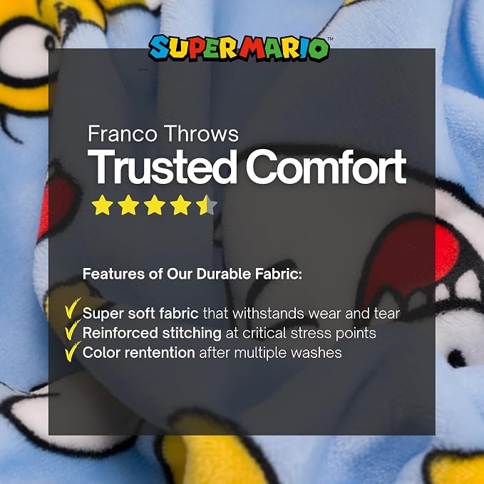 Super Mario Gaming Throw Blanket 70 in x 50 in – Kids Soft Cozy Plush for Couch, Bed & Travel, Featuring Lakitu, Spiny, Boo & Koopa (Officially Licensed Product) by Franco