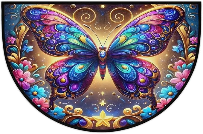 Butterfly Half Round Door Mat Non Slip Half Circle Rugs | Art Rainbow Washable Half Moon Rug Semi Circle Rugs Indoor Entrance Floor Carpet for Kithen Bedroom Fireplace Decor