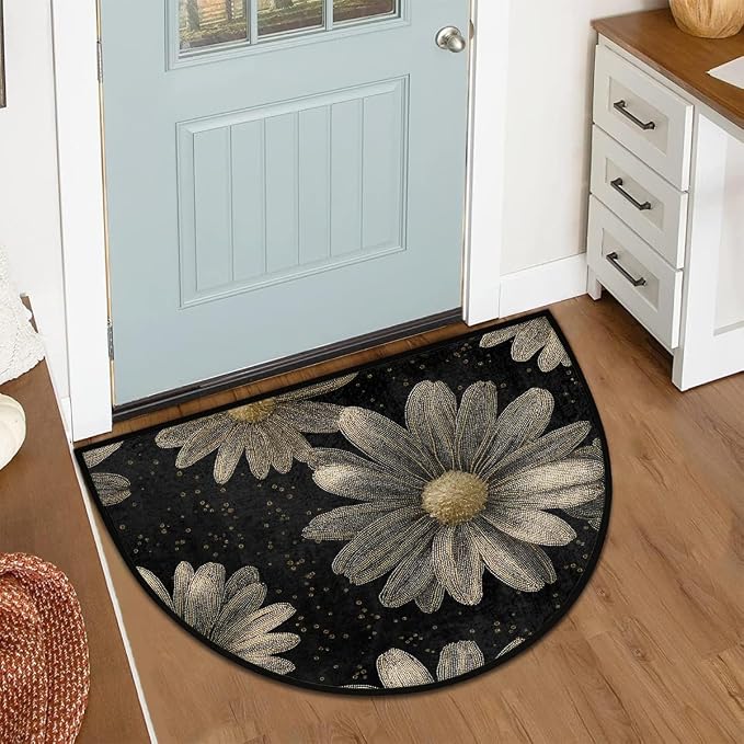 Daisy Half Round Door Mat Semi Circle Rug Half Moon Doormat | Soft Washable Black Elegant Welcome Entrance Mat for Outdoor Indoor Floor Bedroom Bathroom Home Kitchen Festival Decor