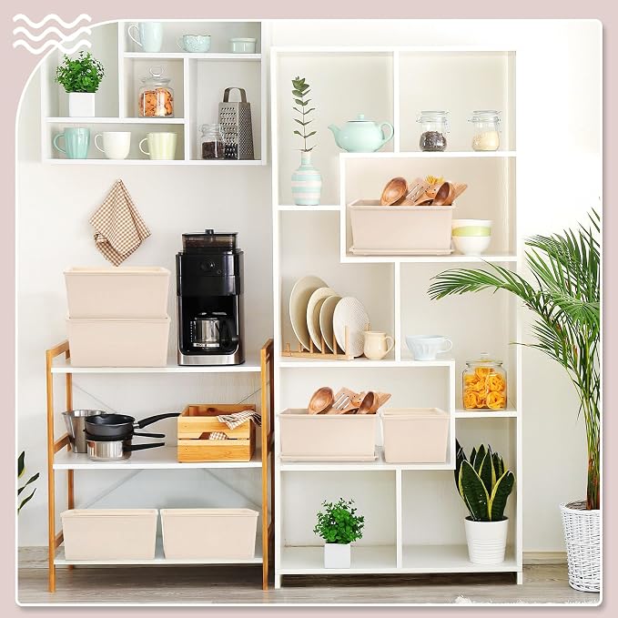 Menkxi 6 Pcs Storage Bins with Lids Small Plastic Storage Containers Stackable Storing Baskets Box Cute Organizer Bins for Organizing Shelves (Beige)