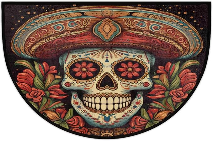 Cool Mexican Skull Half Round Door Mat, Non-Slip Entrance Welcome Mat for Indoor Semi Circle Bathroom Floor Rugs Outdoor Mats House Entry Way Heavy Duty Doormat for Kitchen Living Room 36x24 Inch