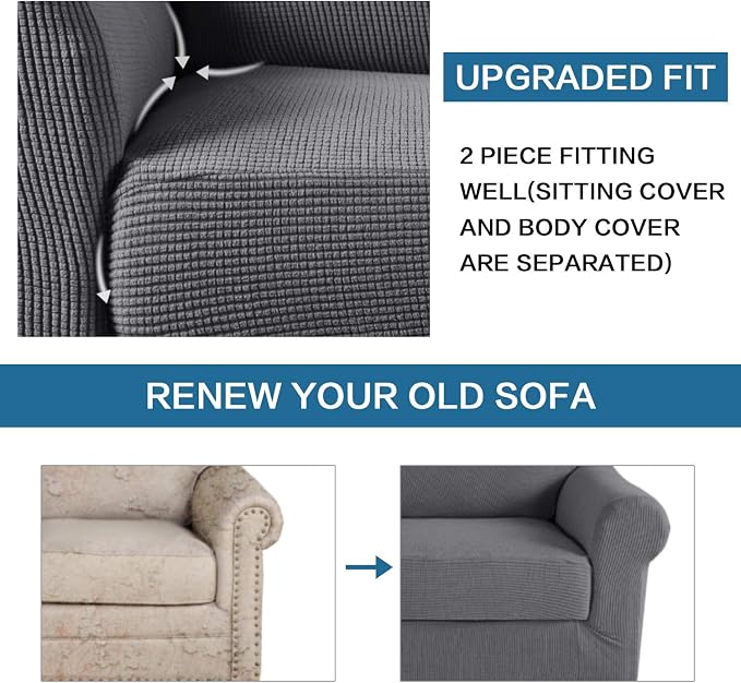 H.VERSAILTEX 2 Pieces Sofa Cover High Stretch Sofa Slipcover Stylish Furniture Cover/Protector Suit for T Cushion/Box Cushion Soft with Elastic Bottom for Kids - Sofa 72"-88" - Charcoal Gray