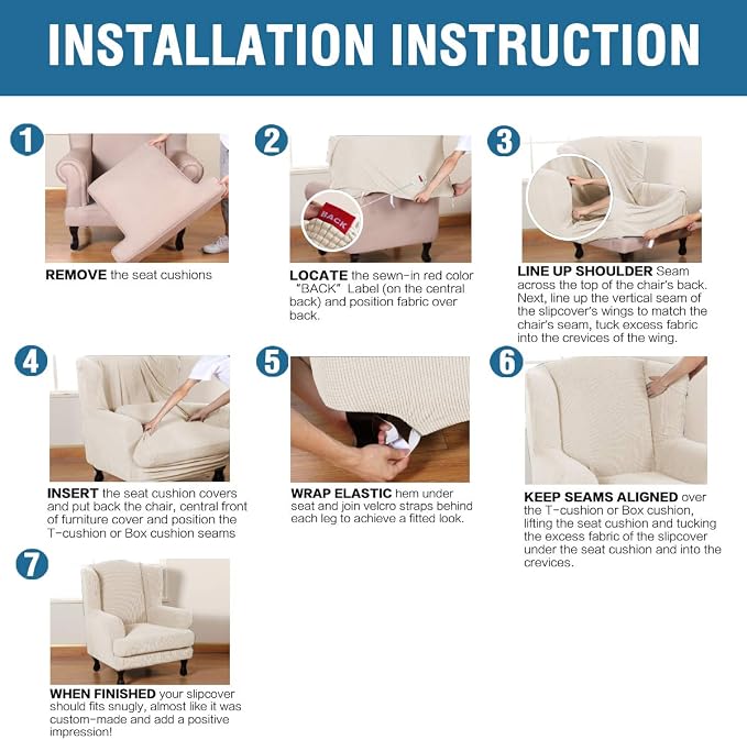 H.VERSAILTEX 2 Piece Stretch Jacquard Wingback Chair Covers Slipcovers Wing Chair Covers (Base Cover Plus Seat Cushion Cover) Furniture Covers Form Fitted Thick Soft, Biscotti Beige