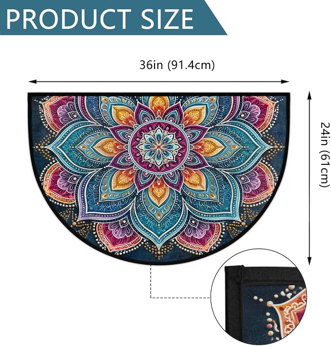 Mandala Half Round Door Mat Semi Moon Rug Fireplace Carpet Area Rugs | Color Art Non Slip Absorbent Half Circle Mat Carpet for Indoor Outdoor Patio Kitchen Bathroom Entryway Home Decor