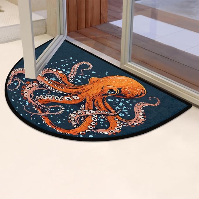 Pardick Half Round Doormat Semi Circle Rug Abstract Animal Octopus Non Slip Indoor Outdoor Entrance Half Moon Rug Absorbent Durable Washable Front Floor Mat for Kitchen Bathroom Patio Fireplace