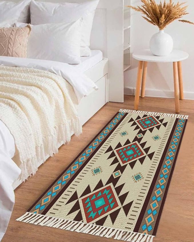 Boho Southwestern Kitchen Hallway Runner Rug 2X5 Ft Carpet, Washable Woven Aztec Abstract Geometric Throw Carpet with Tassel, Non-Shedding Vintage Native American Patterned Entryway Laundry Rugs