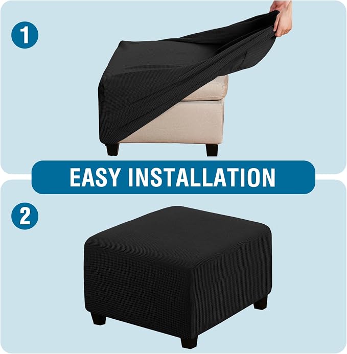 H.VERSAILTEX Square Ottoman Covers Ottoman Slipcovers Folding Storage Stool Furniture Protector Form Fit with Elastic Bottom, Stretch High Spandex Small Checks Jacquard Fabric(Medium,Black)