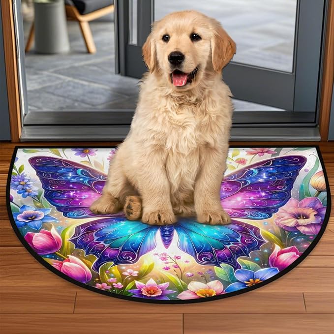 Pardick Half Round Doormat Butterfly Flower Spring Semi Circle Rug Non Slip Indoor Outdoor Entrance Half Moon Rug Washable Front Floor Mat for Kitchen Bathroom Patio Fireplace Holiday Decor