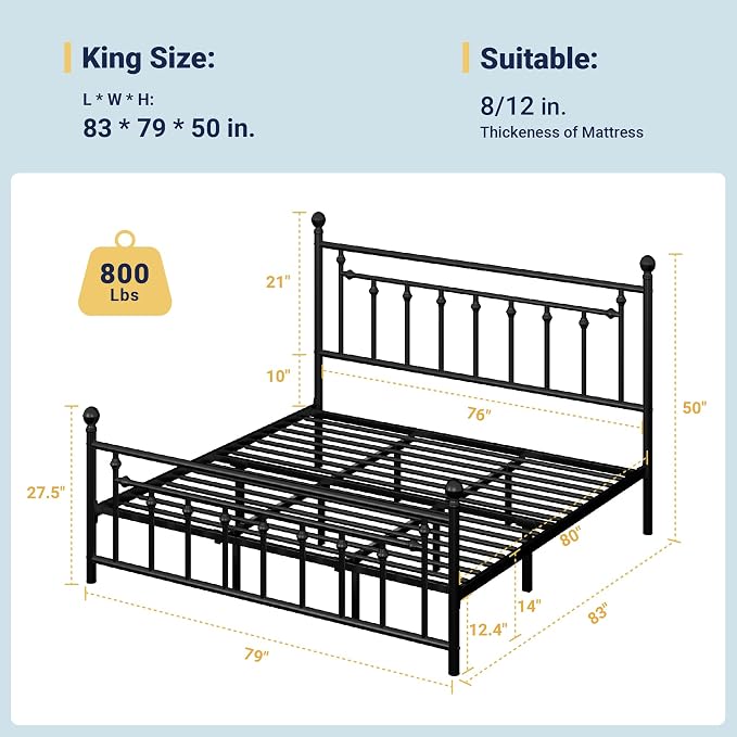 Allewie 14'' King Size Metal Platform Bed Frame, Vintage Headboard, Black | 50'' Tall Victorian Headboard/Footboard/Mattress Foundation/Under Bed Storage/No Box Spring Needed/Easy Assembly/Noise Free