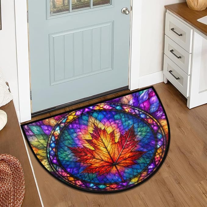 Autumn Half Round Door Mat Welcome Entrance Mat Bath Bathroom Rug A3 | Autumn Maple Leaf Glass Painting Welcome Entrance Mat Anti-Slip Half Moon Bath Mat Semi Circle Rug Indoor Outdoor Kitchen Rug