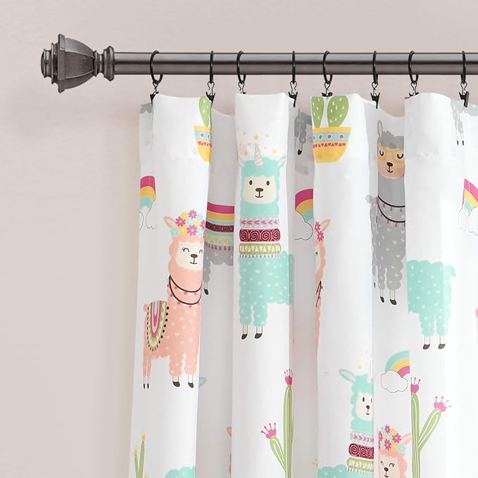 Lush Decor Southwest Llama Cactus Window Curtain Panel, Pair, 52" W x 84" L, White & Blush - Cute Colorful Boho Curtains for Kids Room