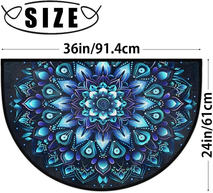 Mandala Blue Half Round Door Mat Semi Moon Rug Fireplace Carpet Area Rugs | Mandala Blue Ethnic Non Slip Absorbent Half Circle Mat Carpet for Indoor Outdoor Patio Kitchen Bathroom Entryway Home Decor