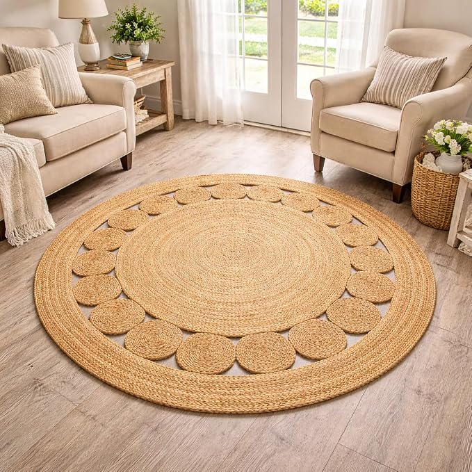 Savi Home Jute Area Rug Handwoven- 4 feet Round- Natural Beige - Rustic Vintage Beige Braided Reversible Jute Rug- Eco Friendly Rugs for Farmhouse, Bedroom, Kitchen, Living Room