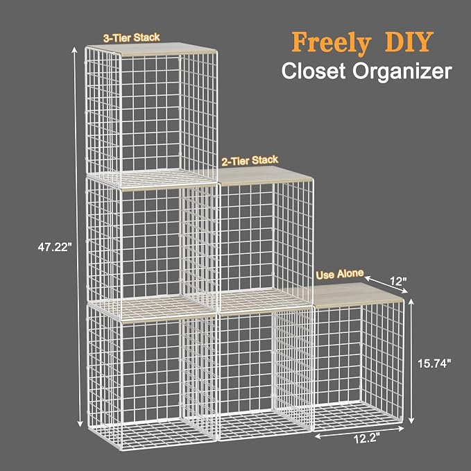 Hencawima 3-Pack Taller Stackable Closet Organizers and Storage with Wood Top,White | Wire Storage Bins for Clothes, Double Storage Design, Sturdy Metal Cube Shelf Organizer for Closet Wardrobe,White