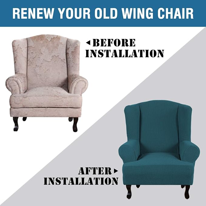 H.VERSAILTEX Wing Chair Slipcover Chair Covers for Wingback Chairs Wingback Chair Covers Slipcovers 1 Piece Stretch Sofa Cover Furniture Protector Soft Spandex Jacquard Checked Pattern, Deep Teal