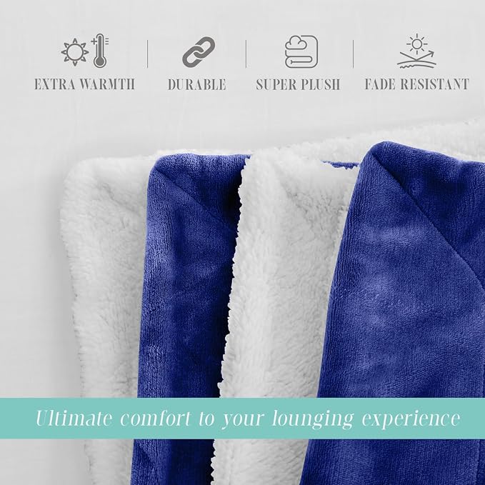 Elegant Comfort Throw Blanket, Reversible Sherpa Flannel, Ultra-Soft, Fuzzy, Cozy and Plush- All Season Lightweight Decorative Throw, 50 x 60 inches, Solid Sherpa Throw, Royal Blue