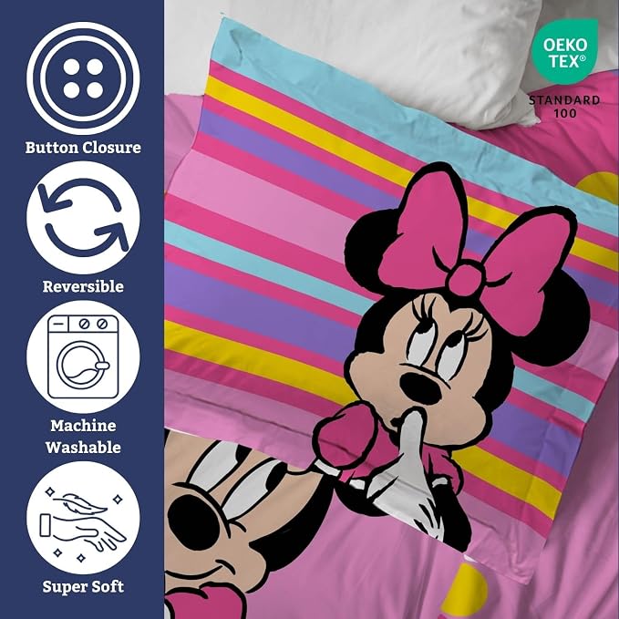 Jay Franco Duvet Cover Set – 3 Piece Comforter Cover and Sham Set, Super Soft Cozy Kids Bedding (Insert Not Included) Pink- Minnie Mouse, Full