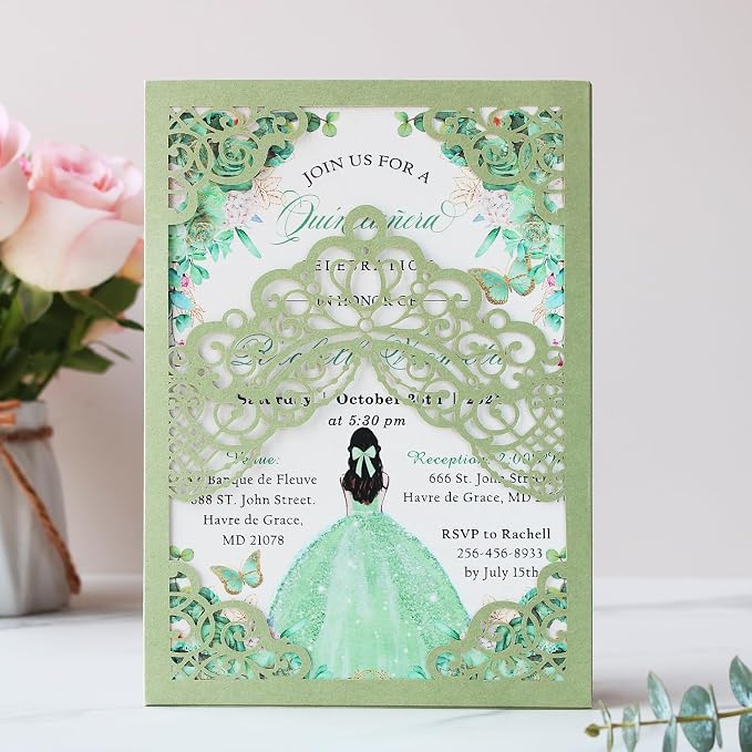 Hosmsua 50PCS Personalized Sage Green Quinceanera Invitations Kit 5.1x7.3 Inch Laser Cut Floral Crown Pocket Quince Invitation Cards with Envelopes for Birthday Bridal Shower