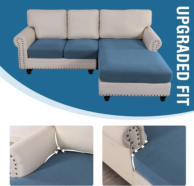 H.VERSAILTEX Sectional Couch Covers 3 Pieces Sofa Seat Cushion Covers L Shape Separate Cushion Couch Chaise Cover for Both Left/Right Sectional Couch (Seat Only: 1 Chaise + 2 Sofa, Dusty Blue)
